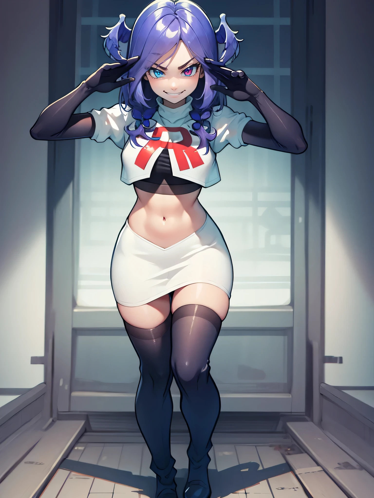 ,team rocket uniform, red letter R, white skirt,white crop top,black thigh-high boots, black elbow gloves, evil smile, looking at viewer, cowboy shot, salute