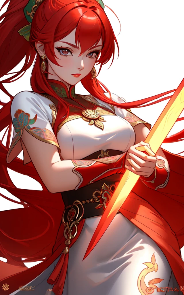 (Cloisonnism:1.2), White background , 1 close up of a woman in a costume holding a sword, a character portrait, fantasy art, extremely detailed ,hot fire goddess, red haired goddess, Oriental elements, reasonable design, Clear lines, (lineart, monochrome)