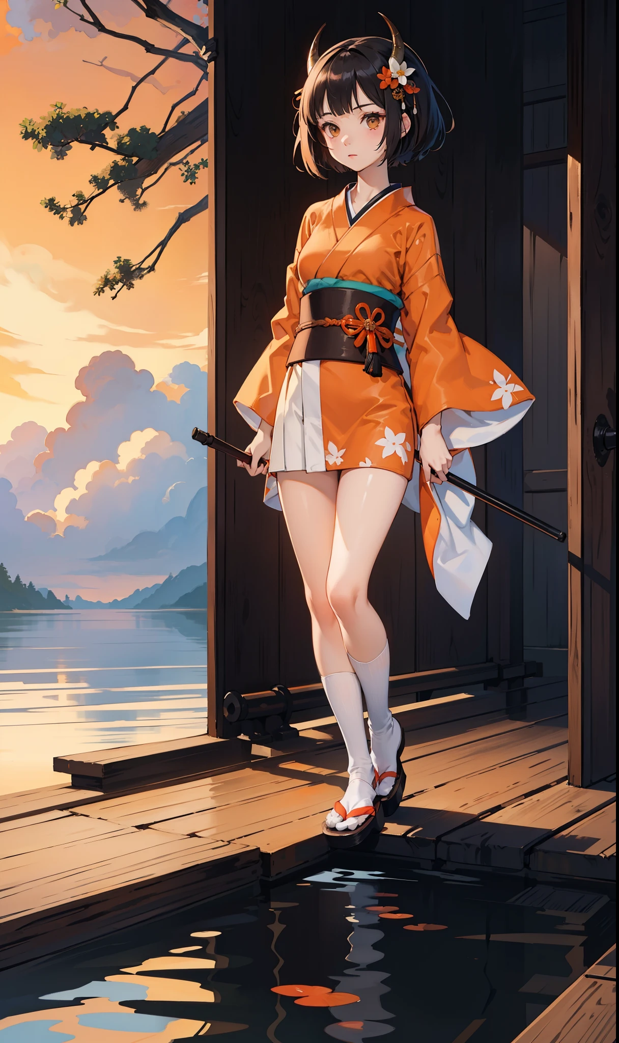 extremely detailed CG unity 8k wallpaper, realistic, (1girl, solo), (full body, slim body), light orange kimono, long legs, (Japanese clogs, white socks), (black short hair, shaggy hair), light orange Oni horns, dark brown eyes, (contemptuous, disdain), standing on the wooden stakes, (pond, ray chase, reflection), laurels, top view