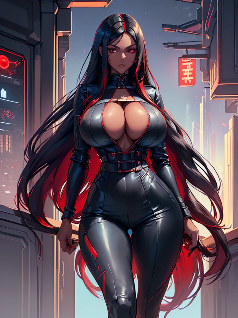 ((Best Quality)), ((Masterpiece)), (Detail: 1.4), Intricate details, Cinematic lighting, Sharp focus, Detailed face, Goddess with red eyes, (A Beautiful office Woman with long black hair:1.5), (((((Black and red gradation hair))))), (Dark skin:1.4), (Light blue business outfit:1.5), (Tall Woman), (Huge Breasts:1.4), (Smal waist:1.3), (Long Legs:1.4), (Standing), Sleek futuristic office, (Cyberpunk city background:1.3), (Night:1.3),