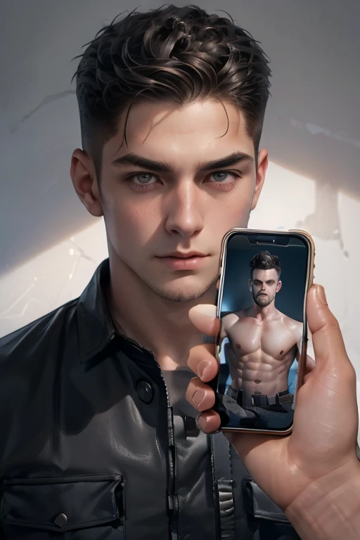 ((holding phone,cellphone picture,nudeP,1boy,solo, police officer costume, cowboy shot, face focus)), penis, testicles, short hair, muscular male, bara, facial hair,