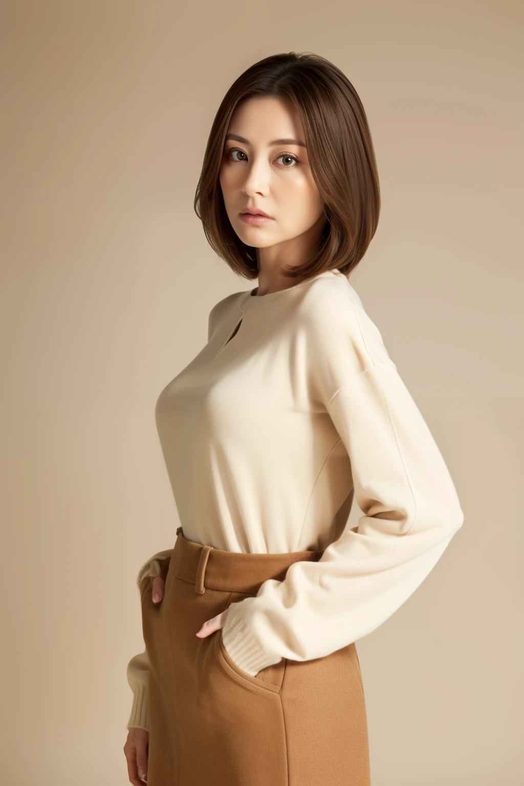 masuter piece, top-quality, masterpiece, hight resolution, Photorealsitic, sharp, Raw photography, 8k wallpaper, flawless, profetional lighting, ighly detailed, depth of fields,Pale solid color background, ((one beautiful women, japanese mature)), (30-years old)), Female sexy, Detailed face, beautidful eyes, bangss, small breasts of good shape, Light Brown Straight Hair, Faint lips, ((Stand forward、Staring at the viewer, serious face eyes.)), Sweaters, skirt by the, fully body photo, cowboy shot