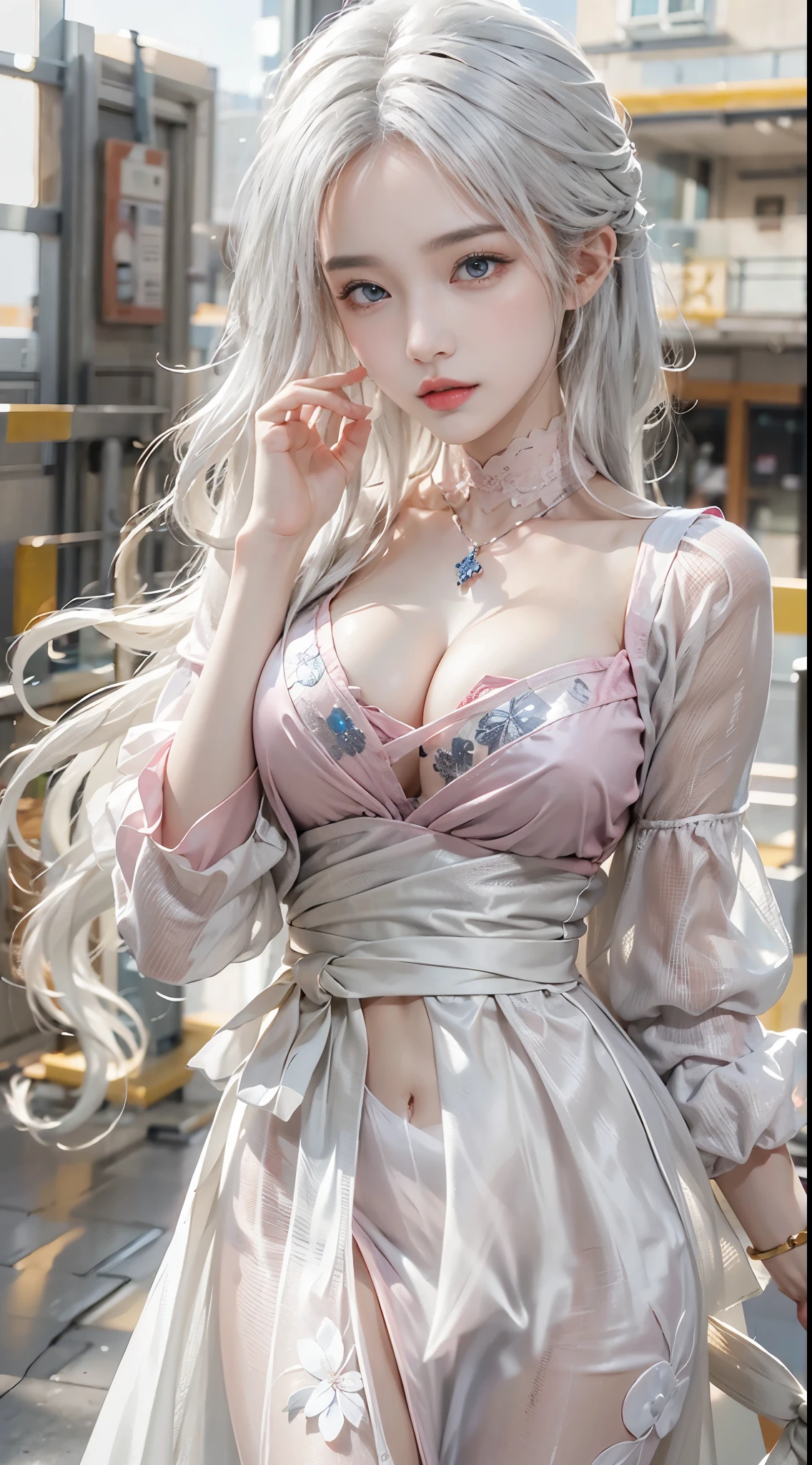 realisticlying, A high resolution, 1 woman, Alone, (详细的脸), White hair, long whitr hair, Maids wear, jewely、eBlue eyes、White hair、silber hair、((beautiful boobs :1.1)), 0p、blend4, (Most Best Illustration: 1.1), (The best shadow: 1.1), expression、Glossy glossy skin。Realistic、真实感:1.37)、)(closing her eyes)、(K-pop idol)、Side、messy hair、Medium hair、(pink blush)、(illuminated)、(独奏)、dynamicposes、(Thin leg)、north african free trade area、The is very detailed ambient occlusion、超A high resolution, 超Realistic, The is very detailed, (Gape),