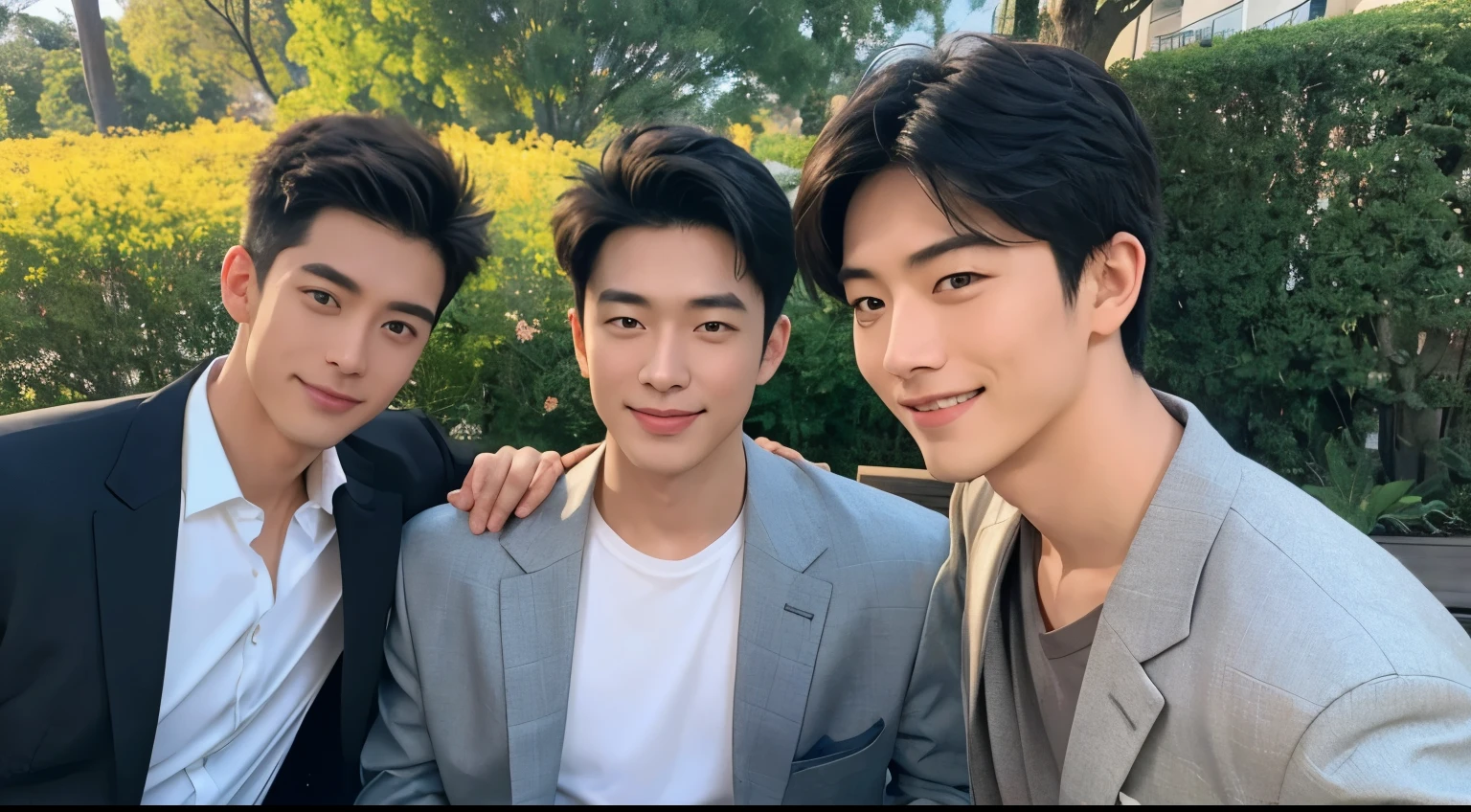 Handsome 3Men、They seem to get along well、Smiling happily、top-quality、超A high resolution:1.3、８K、japanes、(Photorealsitic:1.4)、Happy smile:1.5、Highly detailed facial and skin texture:1.4、a park、various handsome men、A detailed eye、二重まぶた、playing in private、from waist up、A simply dressed