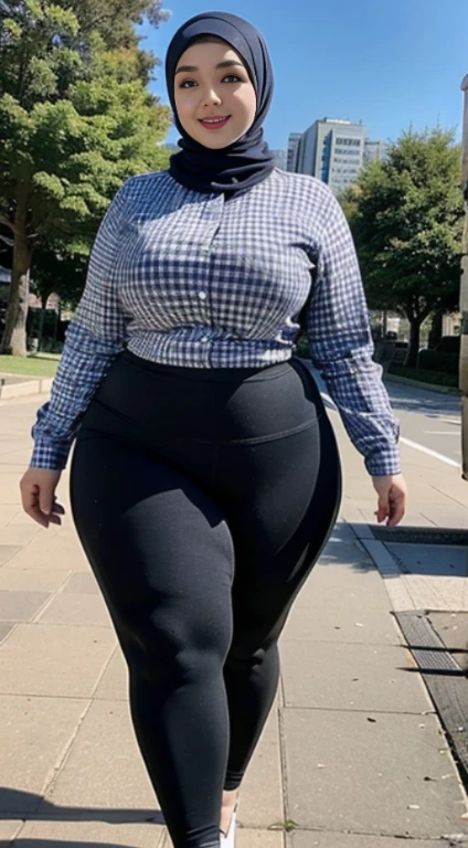 the best masterpiece, chubby hijab woman, beautiful Asian face, full breasts, wearing a checkered shirt, wearing sport leggings, walking in the city park, smiling sweetly, facial details, body details, ultra detailed, realistic quality