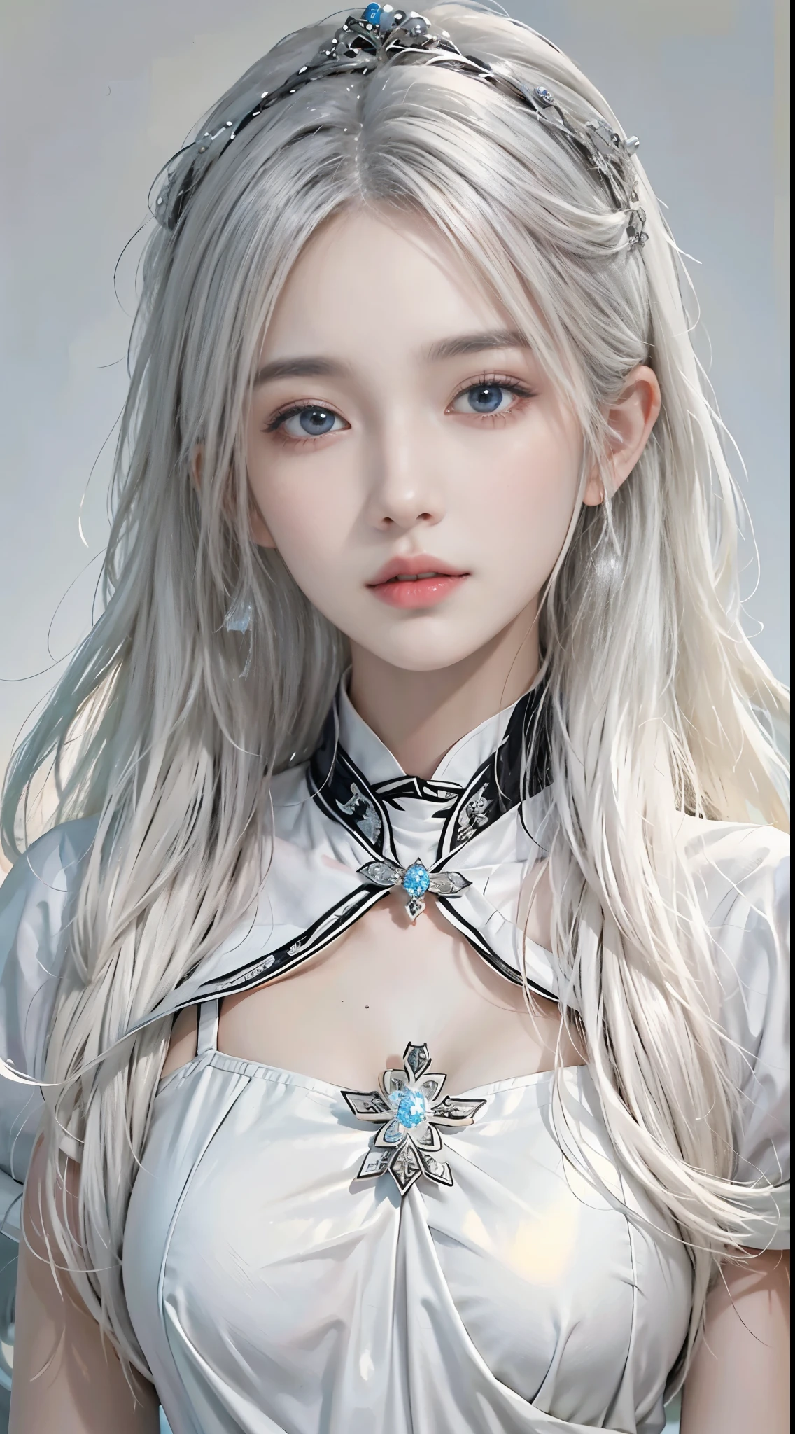 realisticlying, A high resolution, 1 woman, Alone, (详细的脸), White hair, long whitr hair, Maids wear, jewely、eBlue eyes、White hair、silber hair、((beautiful boobs :1.1)), 0p、blend4, (Most Best Illustration: 1.1), (The best shadow: 1.1), expression、Glossy glossy skin。Realistic、真实感:1.37)、)(closing her eyes)、(K-pop idol)、Side、messy hair、Medium hair、(pink blush)、(illuminated)、(独奏)、dynamicposes、(Thin leg)、north african free trade area、The is very detailed ambient occlusion、超A high resolution, 超Realistic, The is very detailed, (Gape),