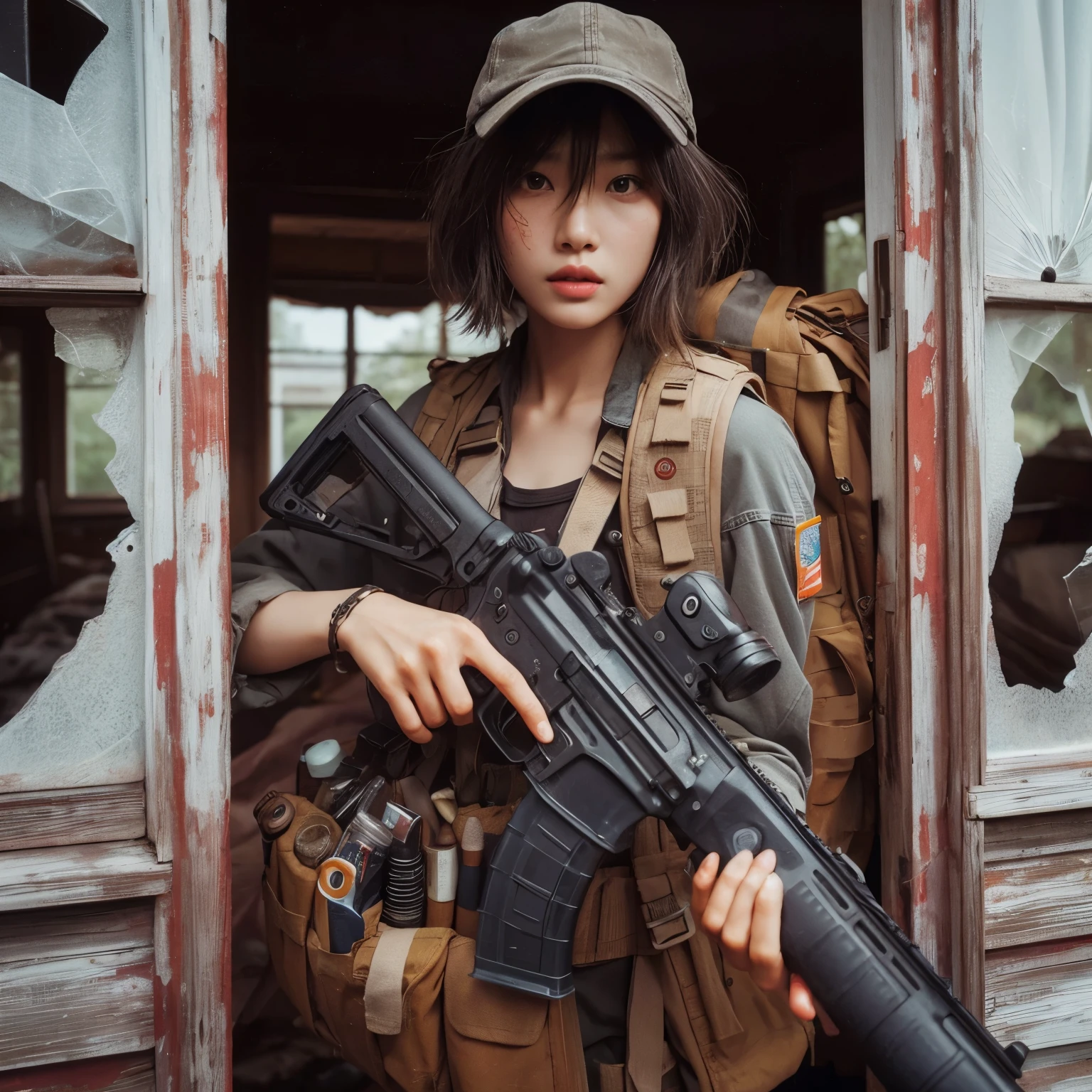 Photorealsitic、realistic skin textures、automatic rifle、wounds
