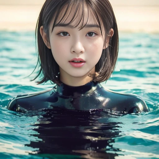 top-quality、masterpiece、超A high resolution、(Photo Real:1.4)、(1girl in)、long-sleeve、(The sheen、bright colored wetsuit、short-hair)、body suit、high-necked、(wetting hair)、Swim、Floating on water、closing eye、Opening Mouth