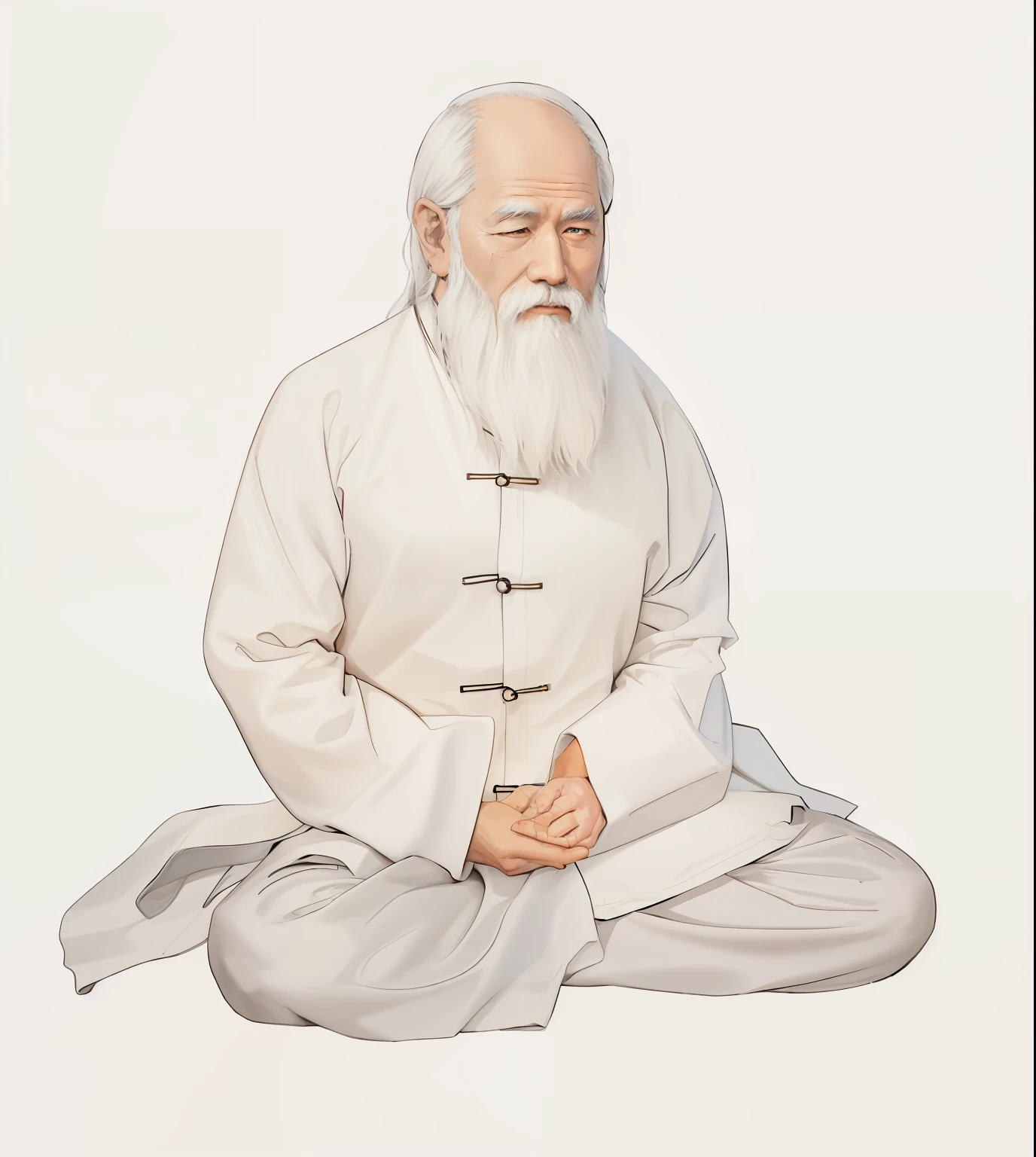Sit cross-legged、French-German man with white beard, Taoist, Taoist, holy man looking at ground, Japanese ancient monk, Monks meditate, Taoist, Monk concept art, riichi ueshiba, prayer meditation, Monk meditates, portrait of monk, Relaxed white-haired dwarf, Asian people