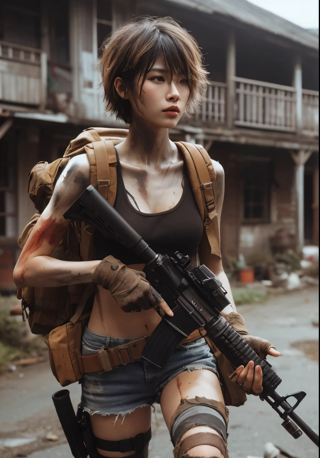 Photorealsitic、realistic skin textures、automatic rifle、wounds