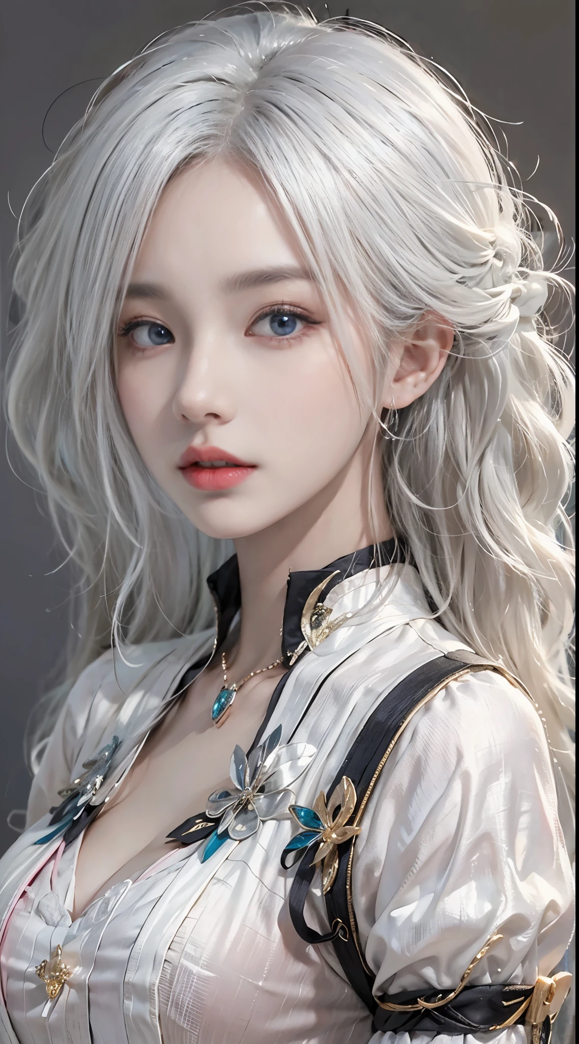 realisticlying, A high resolution, 1 woman, Alone,  (详细的脸), White hair, long whitr hair, Maids wear, jewely、eBlue eyes、White hair、silber hair、((beautiful boobs :1.1)), 0p、blend４, (Most Best Illustration: 1.1), (The best shadow: 1.1),  expression、Glossy glossy skin。Realistic、真实感:1.37)、）（closing her eyes）、(K-pop idol)、Side、messy  hair、Medium hair、(pink blush)、(illuminated)、(独奏)、dynamicposes、(Thin leg)、north african free trade area、The is very detailed ambient occlusion、超A high resolution, 超Realistic, The is very detailed, (Gape),