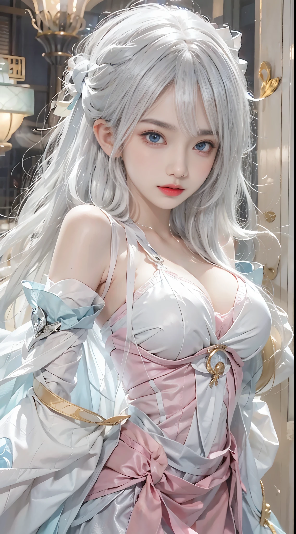 realisticlying, A high resolution, 1 woman, Alone,  (详细的脸), White hair, long whitr hair, Maids wear, jewely、eBlue eyes、White hair、silber hair、((beautiful boobs :1.1)), 0p、blend４, (Most Best Illustration: 1.1), (The best shadow: 1.1),  expression、Glossy glossy skin。Realistic、真实感:1.37)、）（closing her eyes）、(K-pop idol)、Side、messy  hair、Medium hair、(pink blush)、(illuminated)、(独奏)、dynamicposes、(Thin leg)、north african free trade area、The is very detailed ambient occlusion、超A high resolution, 超Realistic, The is very detailed, (Gape),