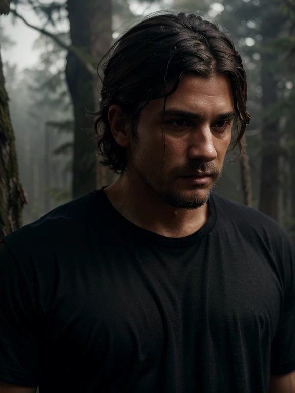 rivulets, wilderness, man with black shirt, steamy, haze, Timeless, ethereal, Hyper-realistic, Ultra photo realism, tmasterpiece, 8k, in focus, Detailed hair, highly detailed, high quality, High definition, cinematic perspective
