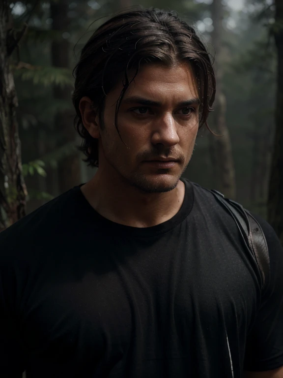 rivulets, wilderness, man with black shirt, steamy, haze, Timeless, ethereal, Hyper-realistic, Ultra photo realism, tmasterpiece, 8k, in focus, Detailed hair, highly detailed, high quality, High definition, cinematic perspective