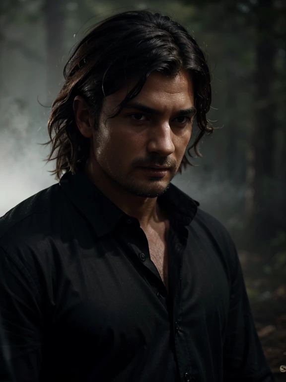 rivulets, wilderness, man with black shirt, steamy, haze, Timeless, ethereal, Hyper-realistic, Ultra photo realism, tmasterpiece, 8k, in focus, Detailed hair, highly detailed, high quality, High definition, cinematic perspective