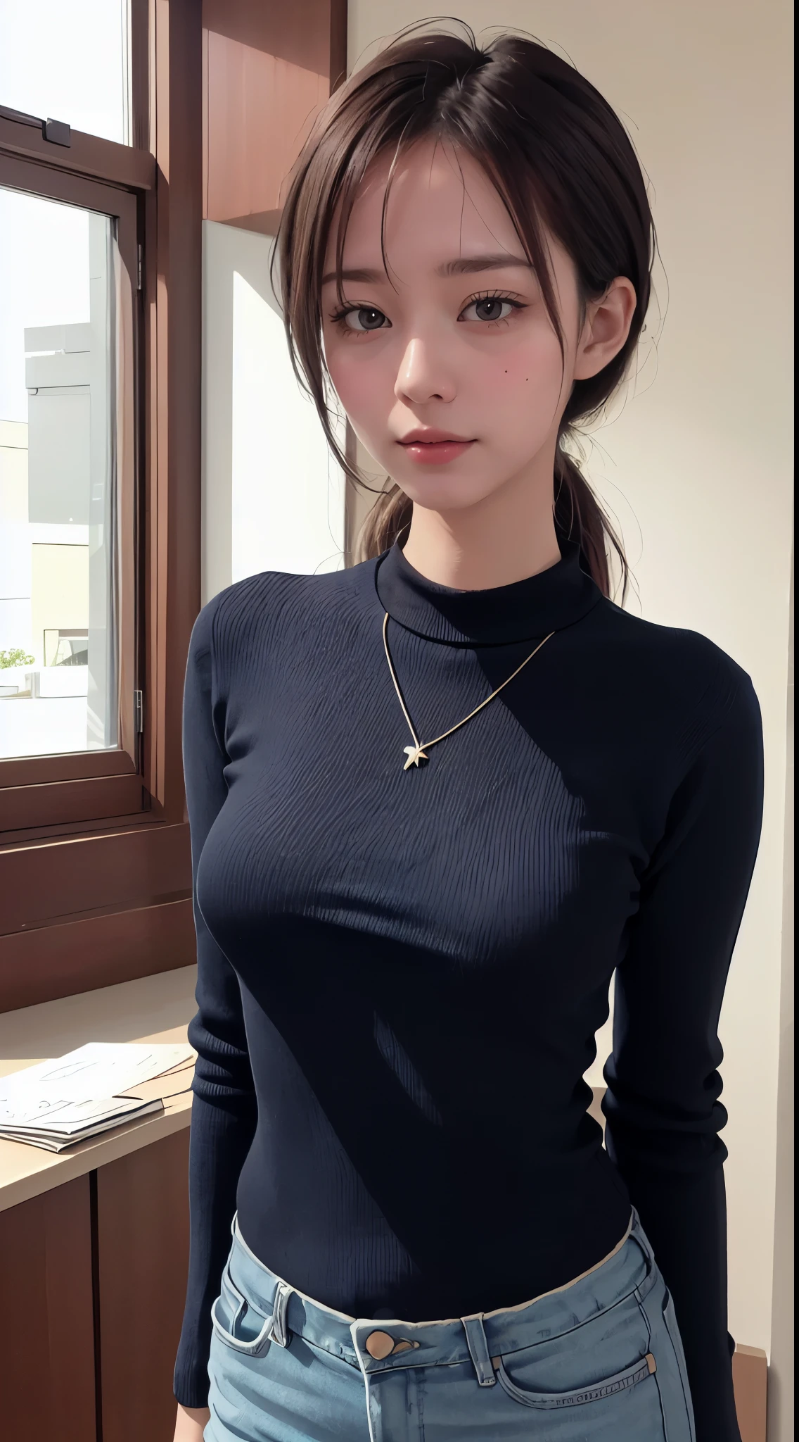 navy blue knit turtleneck sweater, Wearing tight clothes, A slender, a necklace, Nipples are visible, nfsw,