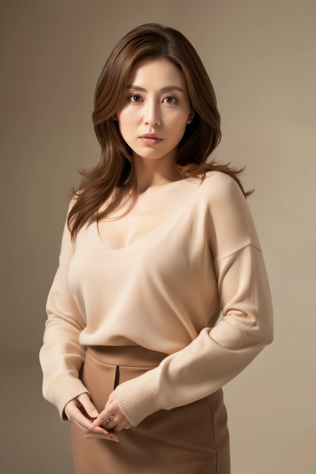 masuter piece, top-quality, ​masterpiece, hight resolution, Photorealsitic, sharp, Raw photography, 8k wallpaper, flawless, profetional lighting, ighly detailed, depth of fields,Pale solid color background, ((one beautiful women, japanese mature)), (30-years old)), Female sexy, Detailed face, beautidful eyes, bangss, small breasts of good shape, Light Brown Straight Hair, Faint lips, ((Stand forward、Staring at the viewer, serious face eyes.)), Sweaters, skirt by the, fully body photo, cowboy  shot