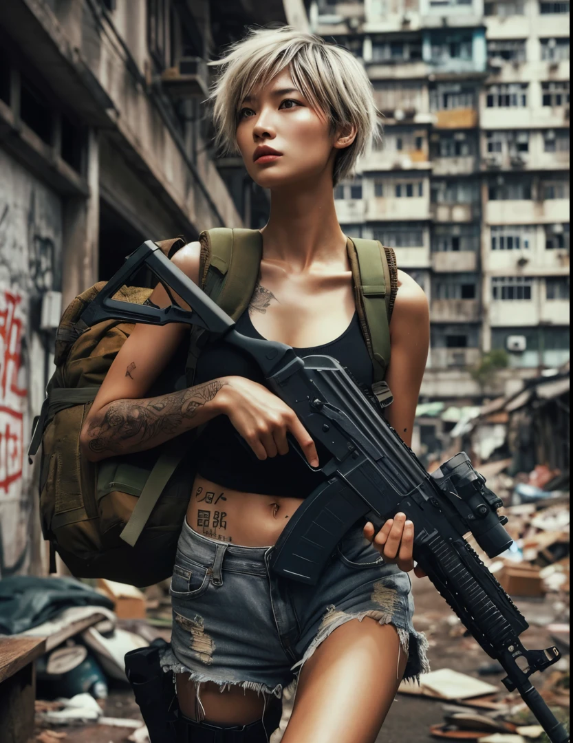 Photorealsitic、realistic skin textures、automatic rifle、wounds