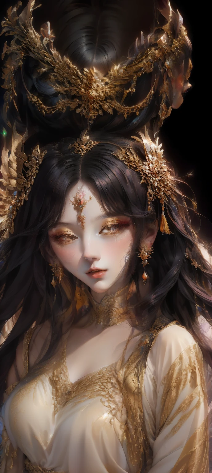 Fide woman wearing costume with horns and feathers, inspired by plum trees, inspired by Ai Xuan, Inspired by Ren Xiong, inspired by Ren Renfa, Inspired by Du Qiong, Inspired by Qiu Ying, hyper-detailed fantasy character, blindfolded fantasy, Inspired by Lan Ying, ((beautiful fantasy empress)), Inspired by gold farmers