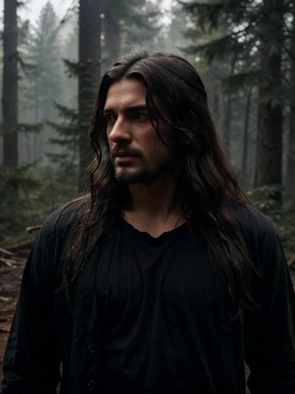 rivulets, wilderness, man with black shirt, long hair, steamy, haze, Timeless, ethereal, Hyper-realistic, Ultra photo realism, tmasterpiece, 8k, in focus, Detailed hair, highly detailed, high quality, High definition, cinematic perspective