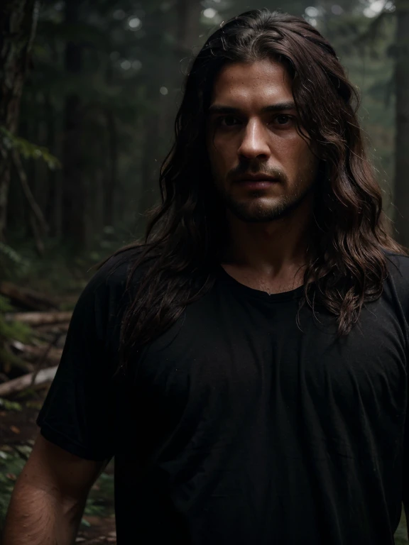 rivulets, wilderness, man with black shirt, long hair, steamy, haze, Timeless, ethereal, Hyper-realistic, Ultra photo realism, tmasterpiece, 8k, in focus, Detailed hair, highly detailed, high quality, High definition, cinematic perspective