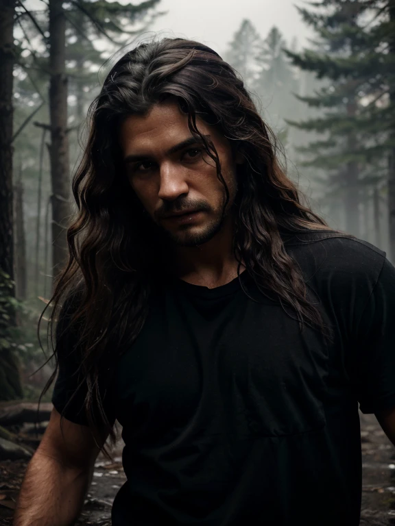 rivulets, wilderness, man with black shirt, long hair, steamy, haze, Timeless, ethereal, Hyper-realistic, Ultra photo realism, tmasterpiece, 8k, in focus, Detailed hair, highly detailed, high quality, High definition, cinematic perspective