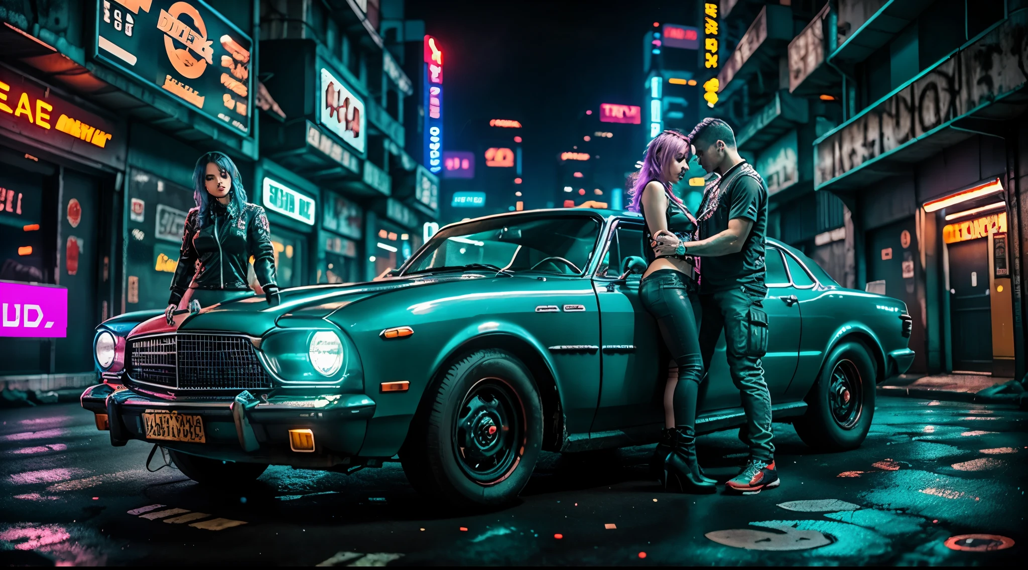 cyber punked theme male and female leaned up against a retro style car in a gritty and dark cyberpunk city at night., UHD, high quality, 1080P