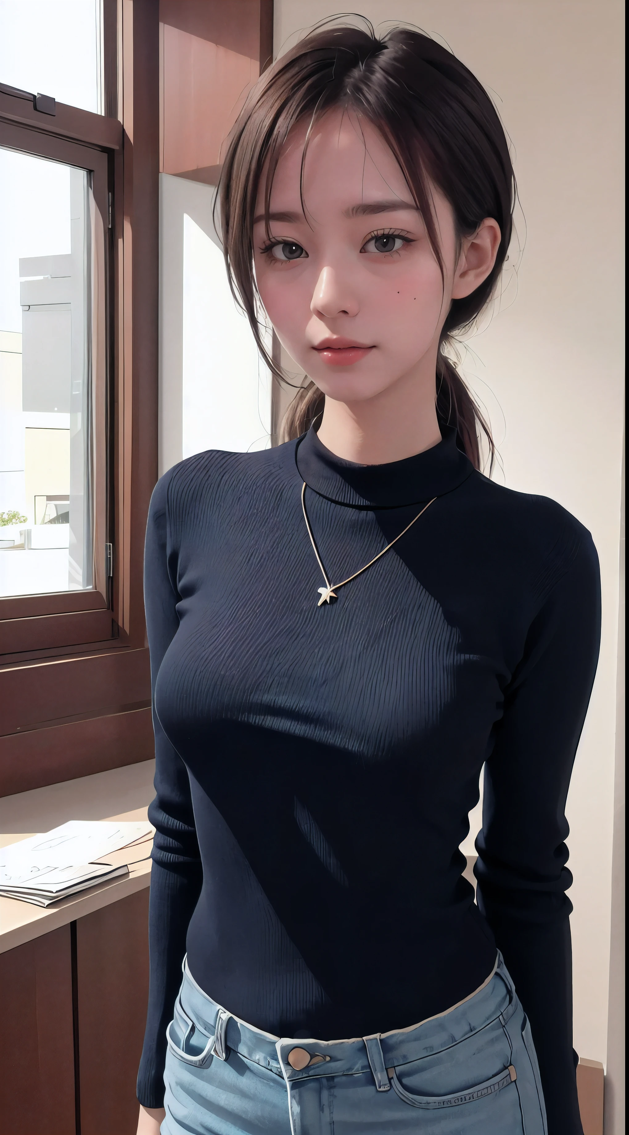 navy blue knit turtleneck sweater, Wearing tight clothes, A slender, a necklace, Nipples are visible, NFSW,