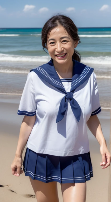 masutepiece, Best Quality, Photorealsitic, 4K, 日本人A MILF, (Solo), (((50 years old))), (Wrinkles at the corners of the eyes:1.5), (nasolabial folds:1.5), ((Large breasts)), (Saggy udder), A MILF, glamor, A sexy, Chromo-white skin, Wavy long black hair, Looking at Viewer, (((my skin is old))), ((muscles are old)), Super large udder, ((a sailor suit,a miniskirt)), lowfers, ssmile, Mare, sand beach, opening legs