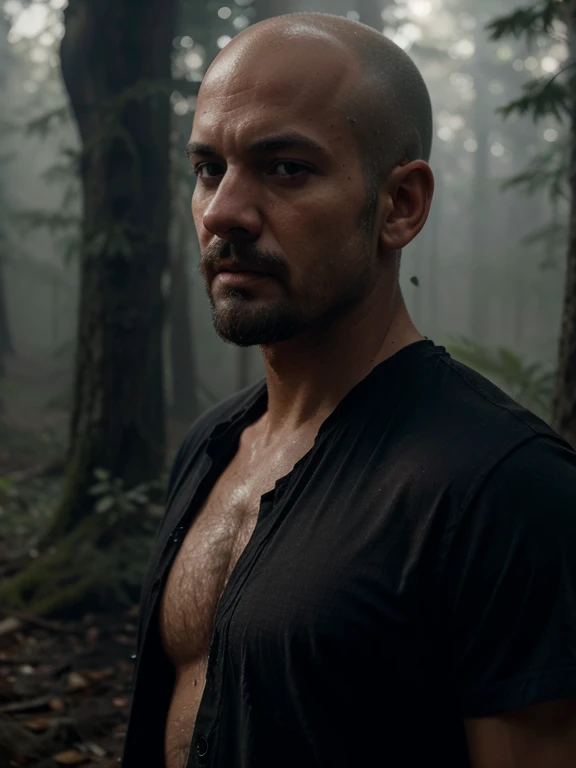 rivulets, wilderness, man with black shirt, bald, steamy, haze, Timeless, ethereal, Hyper-realistic, Ultra photo realism, tmasterpiece, 8k, in focus, Detailed hair, highly detailed, high quality, High definition, cinematic perspective