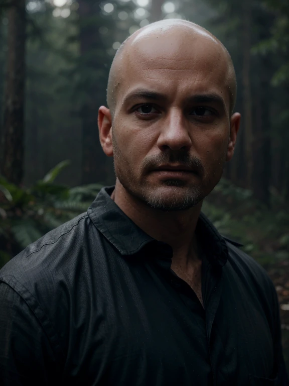 rivulets, wilderness, man with black shirt, bald, steamy, haze, Timeless, ethereal, Hyper-realistic, Ultra photo realism, tmasterpiece, 8k, in focus, Detailed hair, highly detailed, high quality, High definition, cinematic perspective