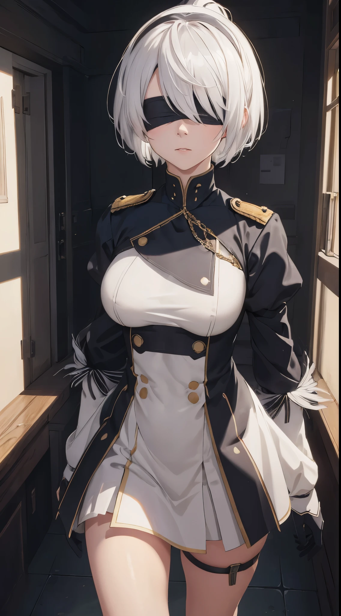 (extremely detailed CG unity 8k wallpaper), (masterpiece), (best quality), (ultra-detailed), (best illustration), (best shadow), (absurdres), 2b, 1girl, short hair, short ponytail, normal size boobs, white hair, blindfold solo, Intimidating women, admiral uniform, night, hero pose, white clothes, General Uniform, Military Uniform, Sunlight, exposed to sunlight,commander