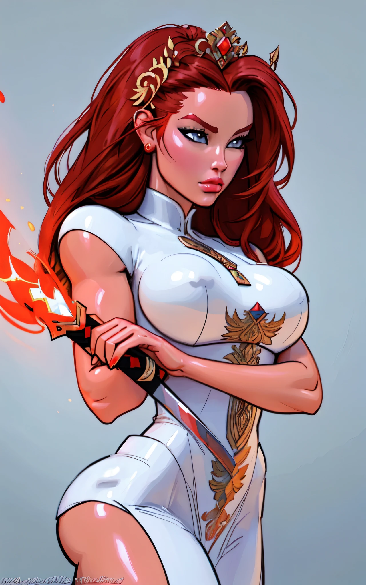 (Cloisonnism:1.2), White background , 1 close up of a woman in a costume holding a sword, a character portrait, fantasy art, extremely detailed ,hot fire goddess, red haired goddess, Oriental elements, reasonable design, Clear lines, (lineart, monochrome), perfect hands, perfect anatomy, perfect posture