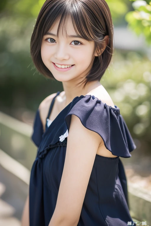 (((​masterpiece))),  (One beautiful Japan girl, classmates, landscape and innocence，kawaii) ，超A high resolution, Realistic, ultra-detailliert, 8K,top-quality, Extremely detailed, Detailed background,A slender,very beautiful japanese girl, Detailed face:1.3), (Boyish short-haired，A dark-haired :1.4), (a baby face，kawaii系,adorable 14 year old girl), (Perfect body:1.1), garments, laugh very loud, beautiful off shoulder clavicle,Super Detailed Face、Detailed lips、A detailed eye、small gravure idol，Transparent skin、beatiful backgrounds