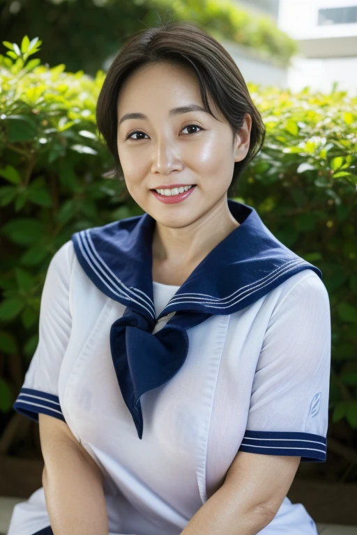 masutepiece, Best Quality, Photorealsitic, 4K, 日本人A MILF, (Solo), (((50 years old))), (Wrinkles at the corners of the eyes:1.5), (nasolabial folds:1.5), ((Large breasts)), (Saggy udder), A MILF, glamor, A sexy, Chromo-white skin, Wavy long black hair, Looking at Viewer, (((my skin is old))), ((muscles are old)), Super large udder, ((a sailor suit,a miniskirt)), lowfers, ssmile,a park, opening legs