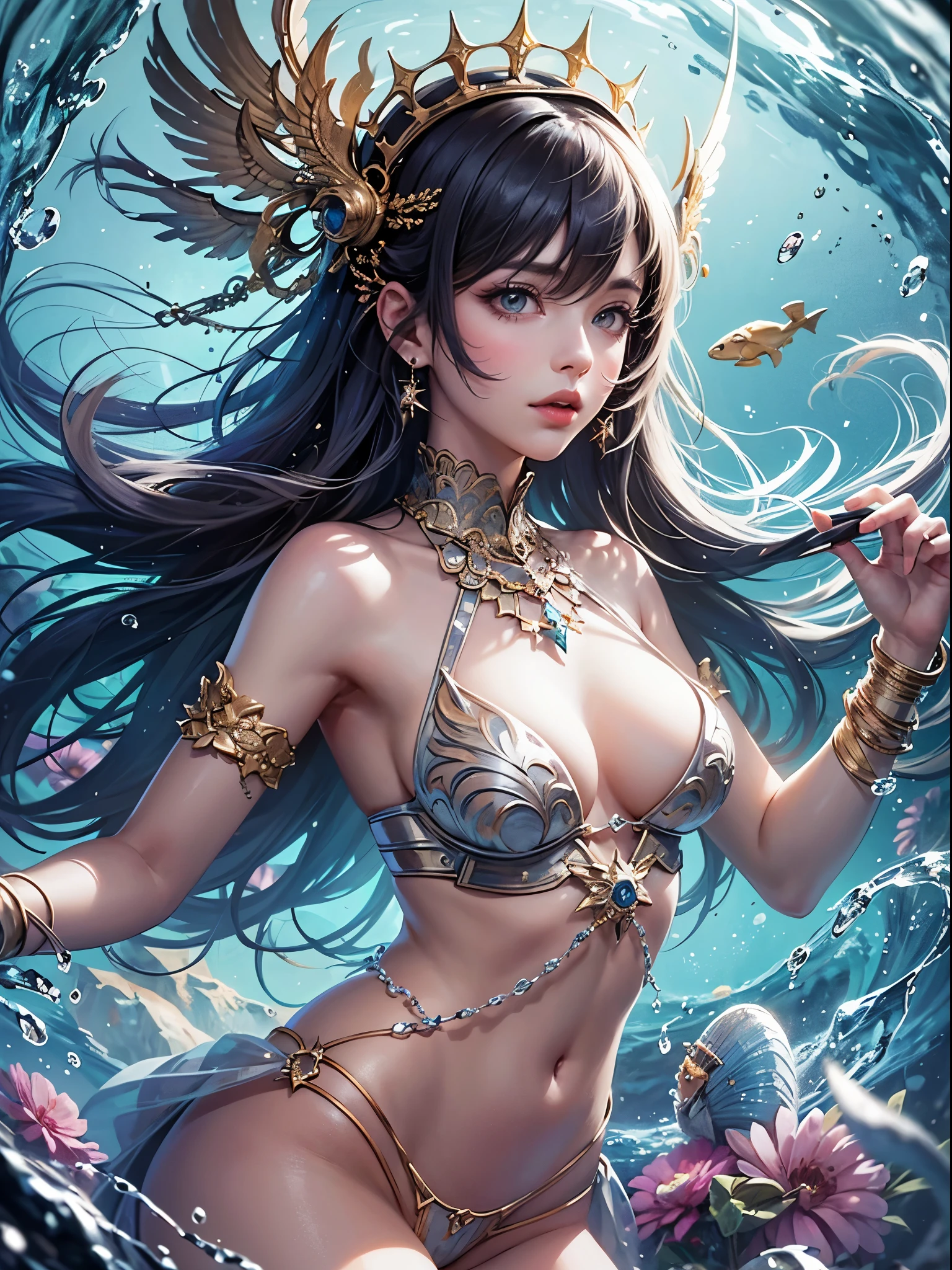 Craft a vivid portrayal of a water mage with enchanting beauty. Describe her flowing sapphire hair, cerulean eyes, and pearlescent skin. Explore her attire woven from liquid, adorned with glowing water runes. Highlight her ability to manipulate water with grace and power, from conjuring sculptures to commanding torrents. Convey a sense of serenity and connection to nature, with laughter like a babbling brook. Emphasize her role as a guardian of the magical balance, holding the secrets of the deep. Capture the essence of a living embodiment of beauty, power, and the fluid dance of water in a fantastical realm. ultra detailed, detailed face, high resolution, ultra quality, 4k quality, 4k resolution
