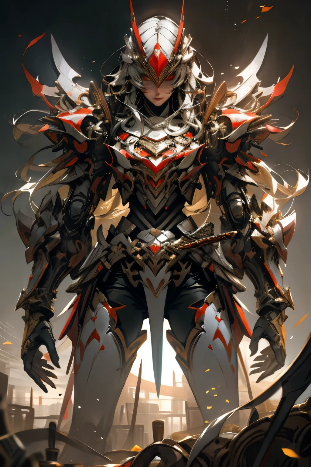 tmasterpiece, Best quality at best, high high quality, (mirai:1.1), Red Ghost Hunter, salama环绕, salama,Swords were scattered aside,(Cyberpunk costumes), 电影灯光, (精致的mirai), Beautifully and beautiful, ultra - detailed, The composition is great, floatking, depth of fields, (VerydetailedCG,Unity 8k壁纸), (Beautiful detail background), Beautiful hair details, dramatic lights, GOGETTA, mechest qualtiy,超高分辨率,Photorealistic and realistic