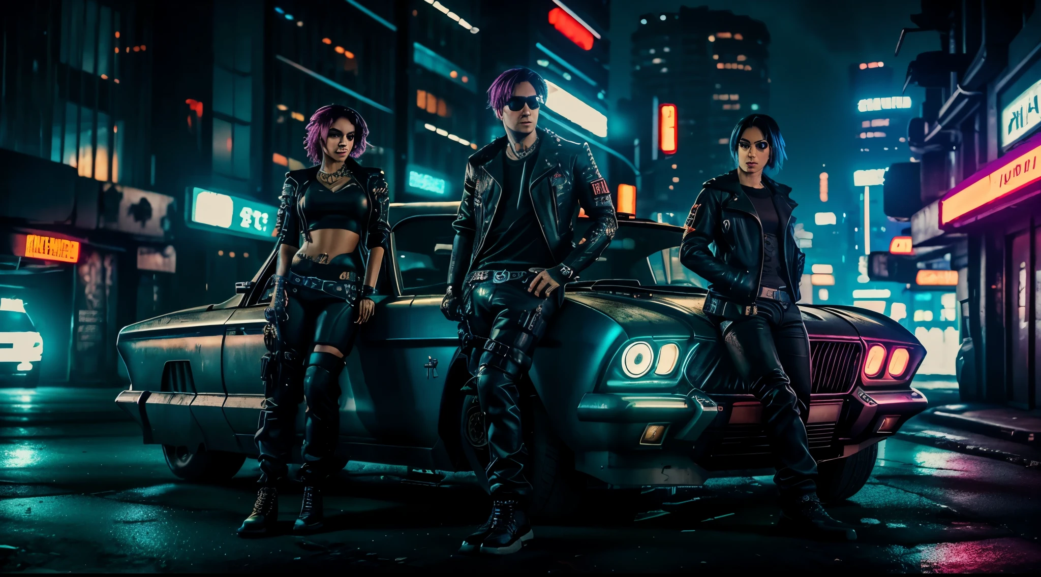 cyber punked theme male and female leaned up against a retro style car in a gritty and dark cyberpunk city at night., UHD, high quality, 1080P