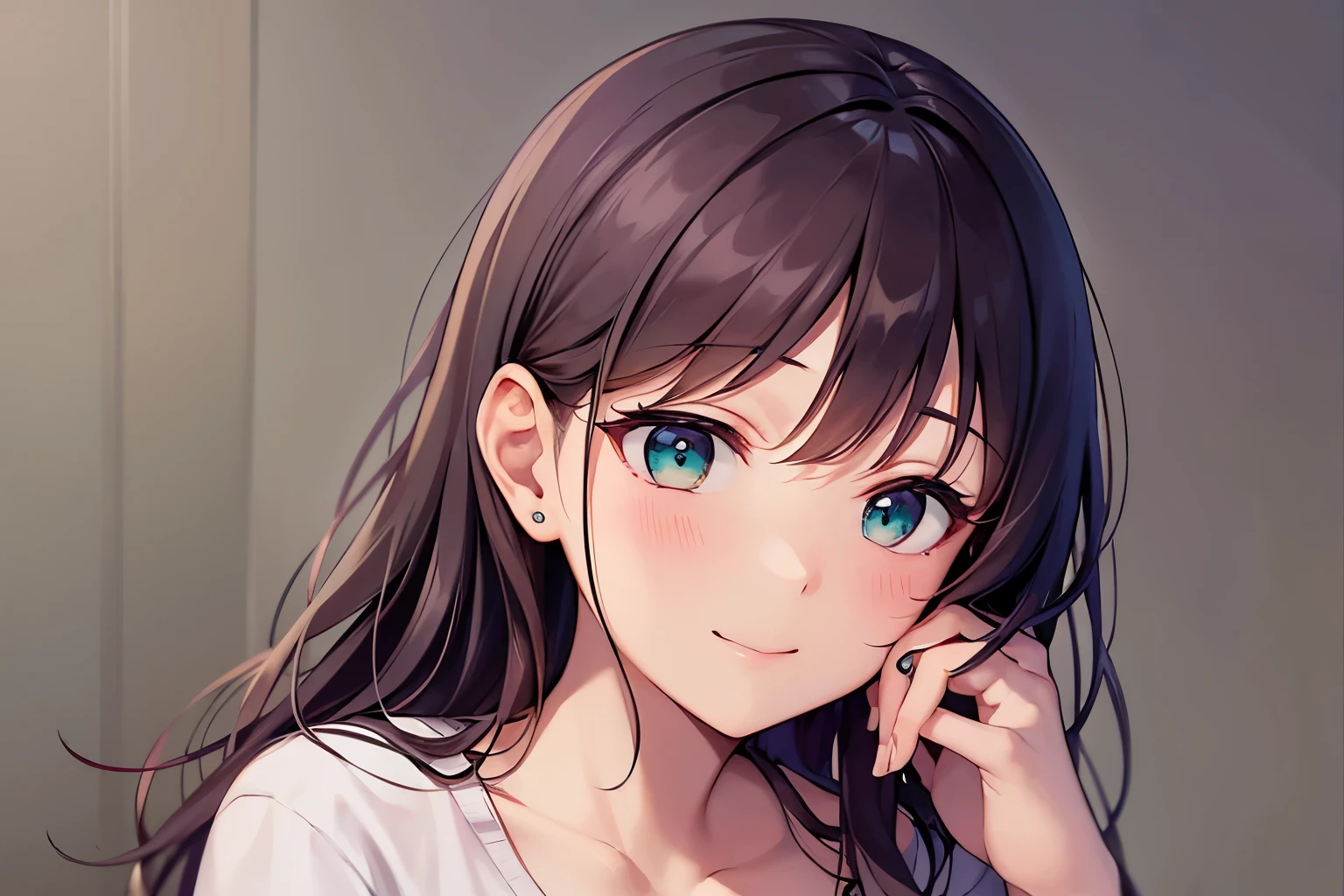 (night:1.5), high angle, (looking away:1.5), Staring、​masterpiece、top-quality、 A 40-year-old green-eyed woman with wavy lobed brown bangs.、wearing a white long-sleeved shirt、smile, Background is a hotel room、Bold composition、Upper body is shown、Alone、