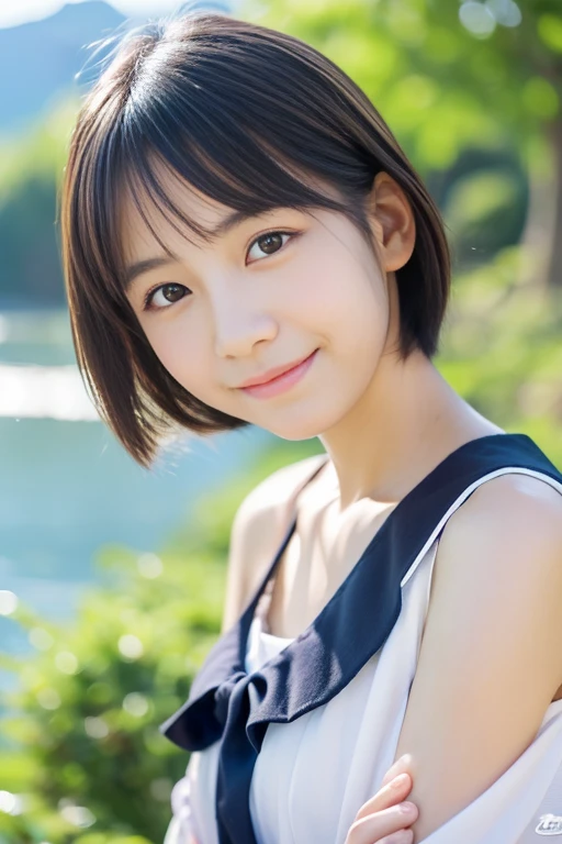 (((masterpiece))), (One beautiful Japan girl, classmates, landscape and innocence,kawaii) ,超A high resolution, Realistic, ultra-detailliert, 8K,top-quality, Extremely detailed, Detailed background,A slender,very beautiful japanese girl, Detailed face:1.3), (Boyish short-haired,A dark-haired :1.4), (a baby face,kawaii系,adorable old girl), (Perfect body:1.1), Cute outfit,Henyo Henyo smile, beautiful off shoulder clavicle,Super Detailed Face、Detailed lips、A detailed eye、small gravure idol,Transparent skin、beatiful backgrounds