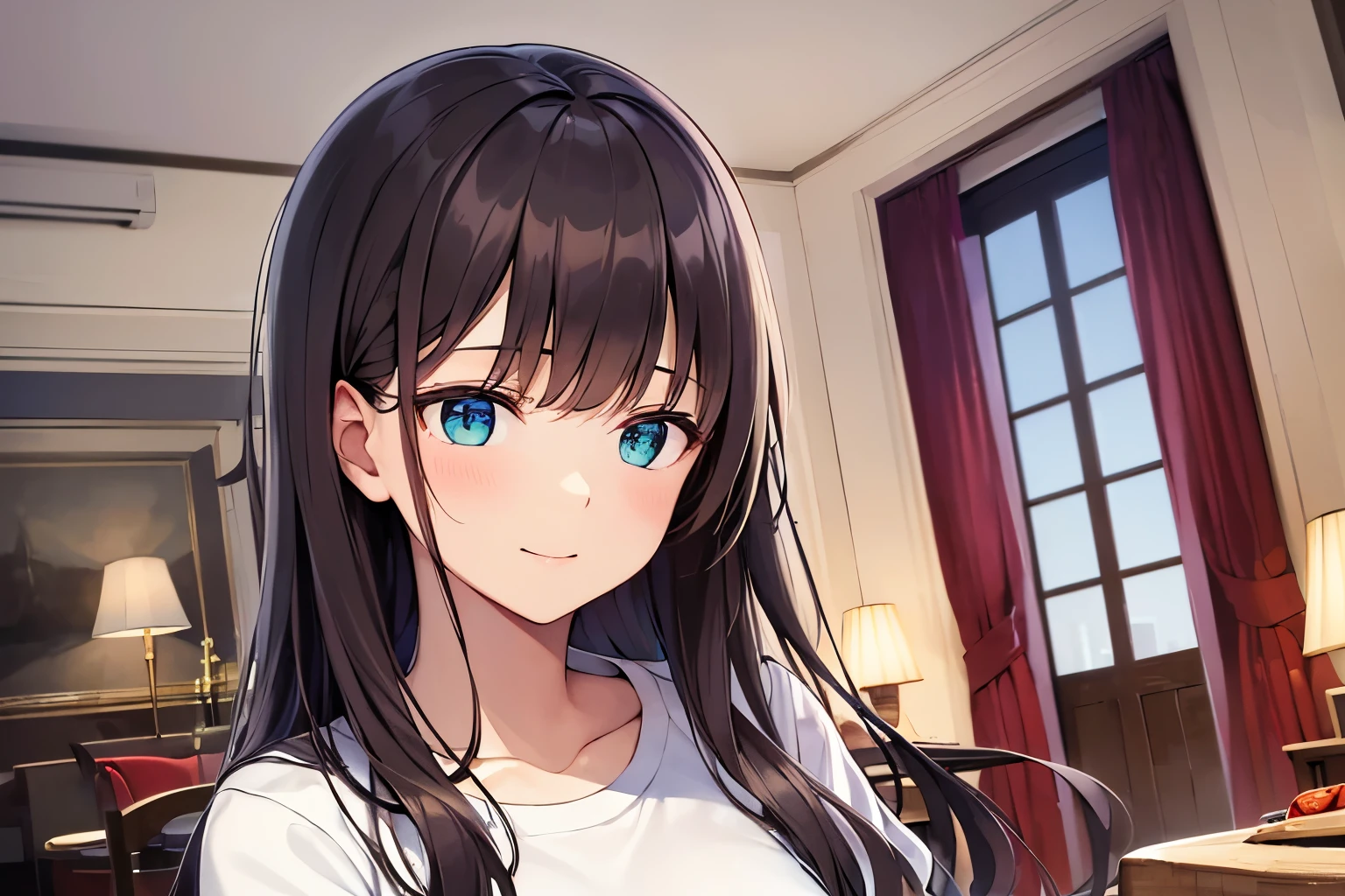 (night:1.5), high angle, (looking away:1.5), Staring、​masterpiece、top-quality、 A 40-year-old green-eyed woman with wavy lobed brown bangs.、wearing a white long-sleeved shirt、smile, Background is a hotel room、Bold composition、Upper body is shown、Alone、