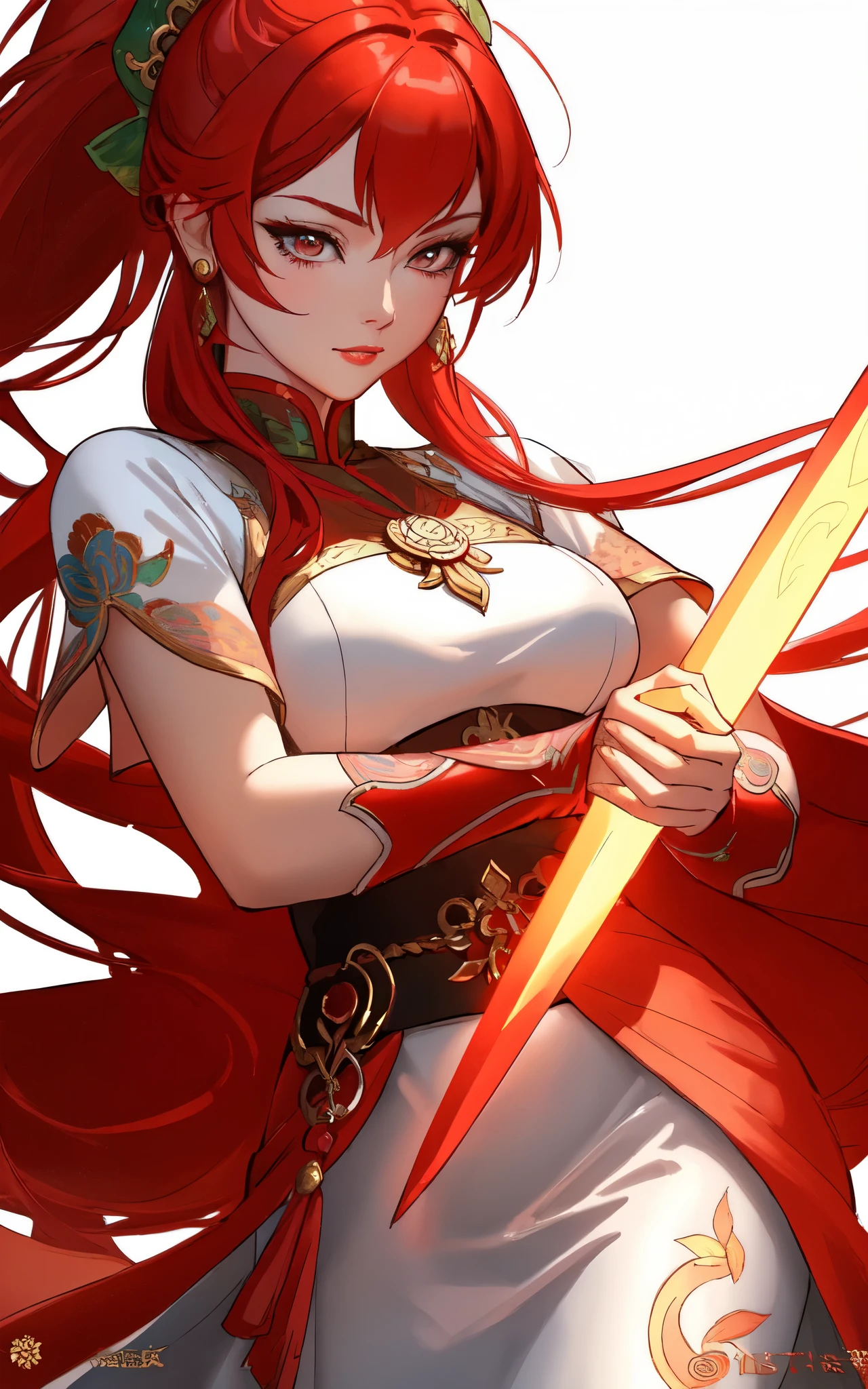 (Cloisonnism:1.2), White background , 1 close up of a woman in a costume holding a sword, a character portrait, fantasy art, extremely detailed ,hot fire goddess, red haired goddess, Oriental elements, reasonable design, Clear lines, (lineart, monochrome), perfect hands, perfect anatomy, perfect posture