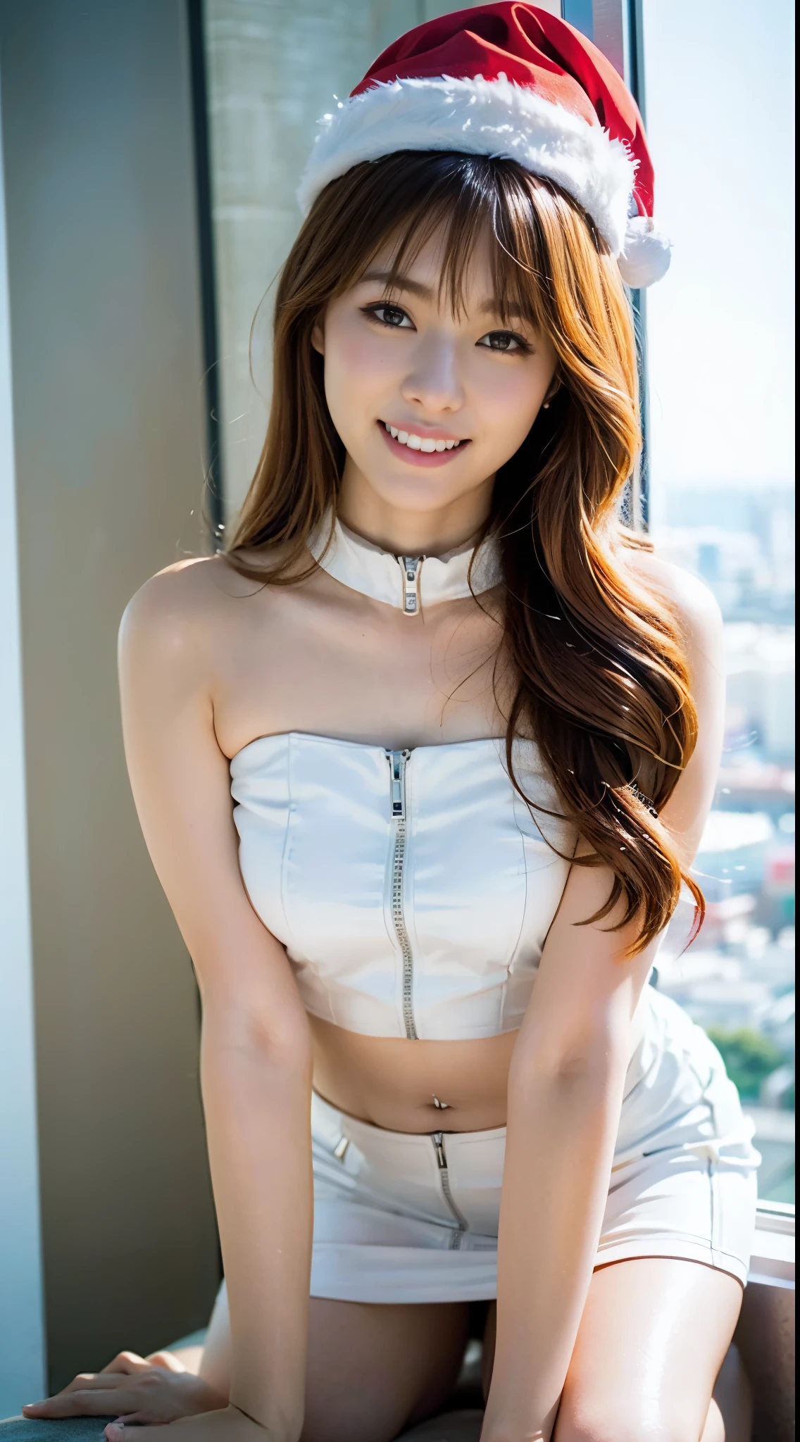 (((solo person))),(((A slender and beautiful gravure idol wearing a Santa hat and stilettos poses seductively by the window on the top floor of a hotel with a beautiful night view.))),(((Royals Astepiece:1.6))),(((ulzzang-6500))),(((perfect anatomia))),(((Deep depth of field with Hasselblad))),(((beautiful waistline))),​masterpiece,top-quality,超A high resolution,High detailed full body portrait,(photographrealistic:1.4),(((High nose and chiseled beautiful face))),(((Long limbs like a model))),Fair skin is dazzling,(((Tight White High Neck Front Zip Ultra Mini Skirt Dress))),Tuck your chin, raise the corners of your mouth and smile happily.,((Bust close-up shot from a very low position on the side)),20yr old,cute little,long and shiny chestnut hair,((豊満なFカップバストとbeautiful waistline),(Close your mouth and smile happily),A detailed eye,(( Gravure photography)),((Bust close-up shot of the profile looking out the window)),Cute big eyes and long eyelashes,Distinct double eyelids,((shiny thick lips)),(((perfect anatomia))),