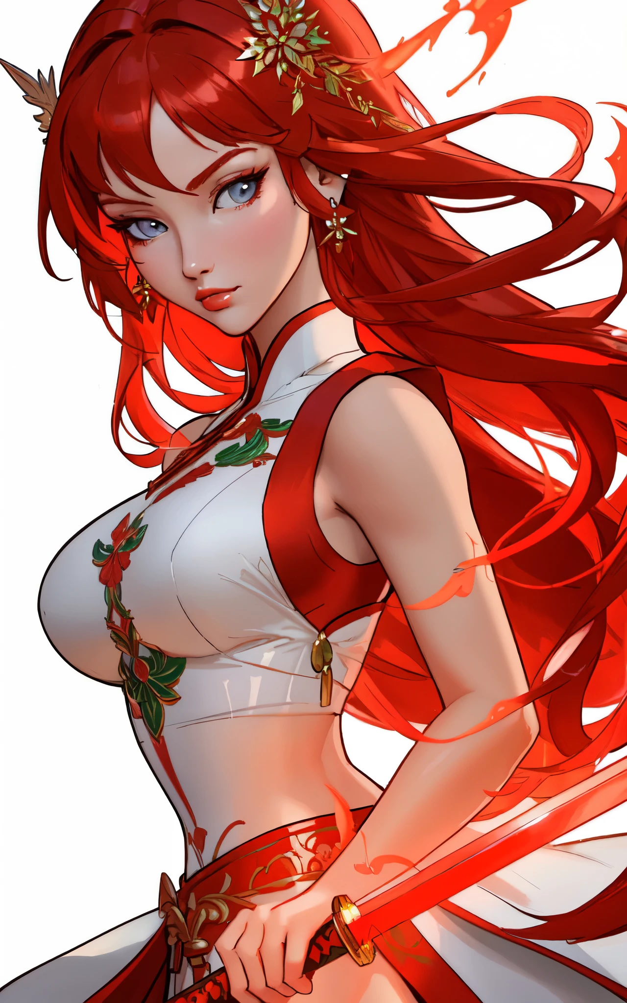 (Cloisonnism:1.2), White background , 1 close up of a woman in a costume holding a sword, a character portrait, fantasy art, extremely detailed ,hot fire goddess, red haired goddess, Oriental elements, reasonable design, Clear lines, (lineart, monochrome), perfect hands, perfect anatomy, perfect posture