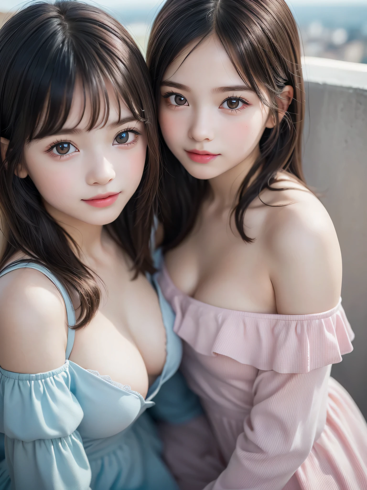 ((2 Girls:1.3)), (Ultra Realistic, hight resolution), (Highly detailed eyes, Highly detailed hair, Highly detailed face, Highly detailed plump lips), (off shoulder with open breasts), breasts, Upper body, Search Smile, (Best Quality:1.4), Raw photo, (Realistic, photo-Realistic:1.37), Professional Photography, Cinematic Light, (Fine face: 1.2), (View from above),