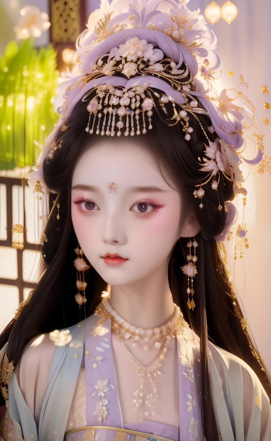 Close-up of woman wearing headdress and necklace, Wearing light purple Hanfu,Inspired by Huang Ji, cute porcelain doll, pale milky white porcelain skin, Inspired by Lan Ying, Inspired by Ma Yuanyu, Princesa chinesa antiga, Zhongyuan Universe, Inspired by Qiu Ying, 宮 , A girl in Hanfu