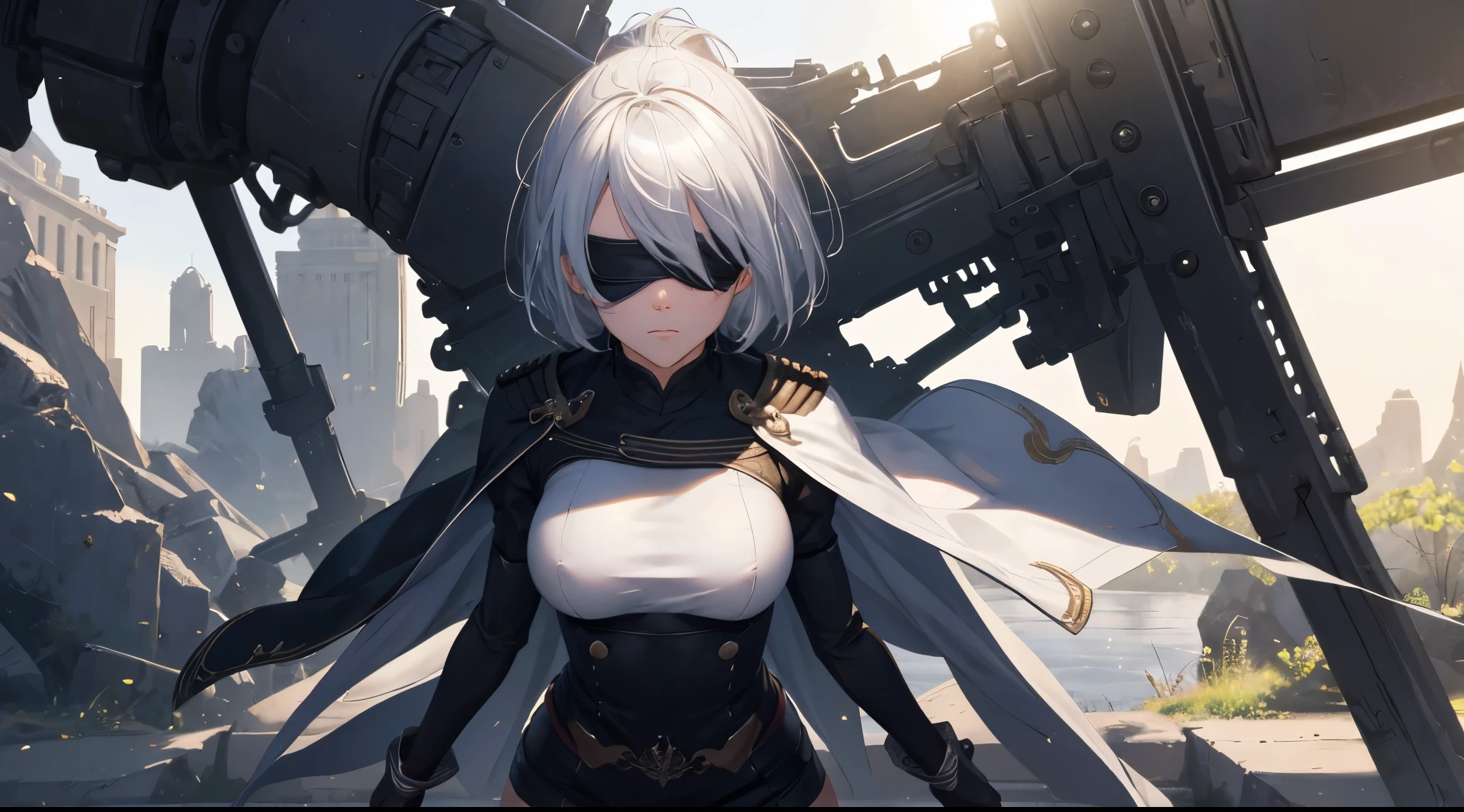 (extremely detailed CG unity 8k wallpaper), (masterpiece), (best quality), (ultra-detailed), (best illustration), (best shadow), (absurdres), 2b, 1girl, short hair, short ponytail, normal size boobs, white hair, blindfold solo, Intimidating women, admiral uniform, night, hero pose, white clothes, General Uniform, Military Uniform, Sunlight, exposed to sunlight,commander, cape, fighting, ((beautiful fantasy girl)), (Master Part: 1.2), Best Quality, High Resolution, photorealestic, photogenic, Unity 8k壁纸, perfect lighting, (perfect arms, perfect anatomy) beatiful face, intricate details, Detalhes realistas, the anime, The Perfect Girl, perfect details, Ultra HD |, 8K, Professional photo