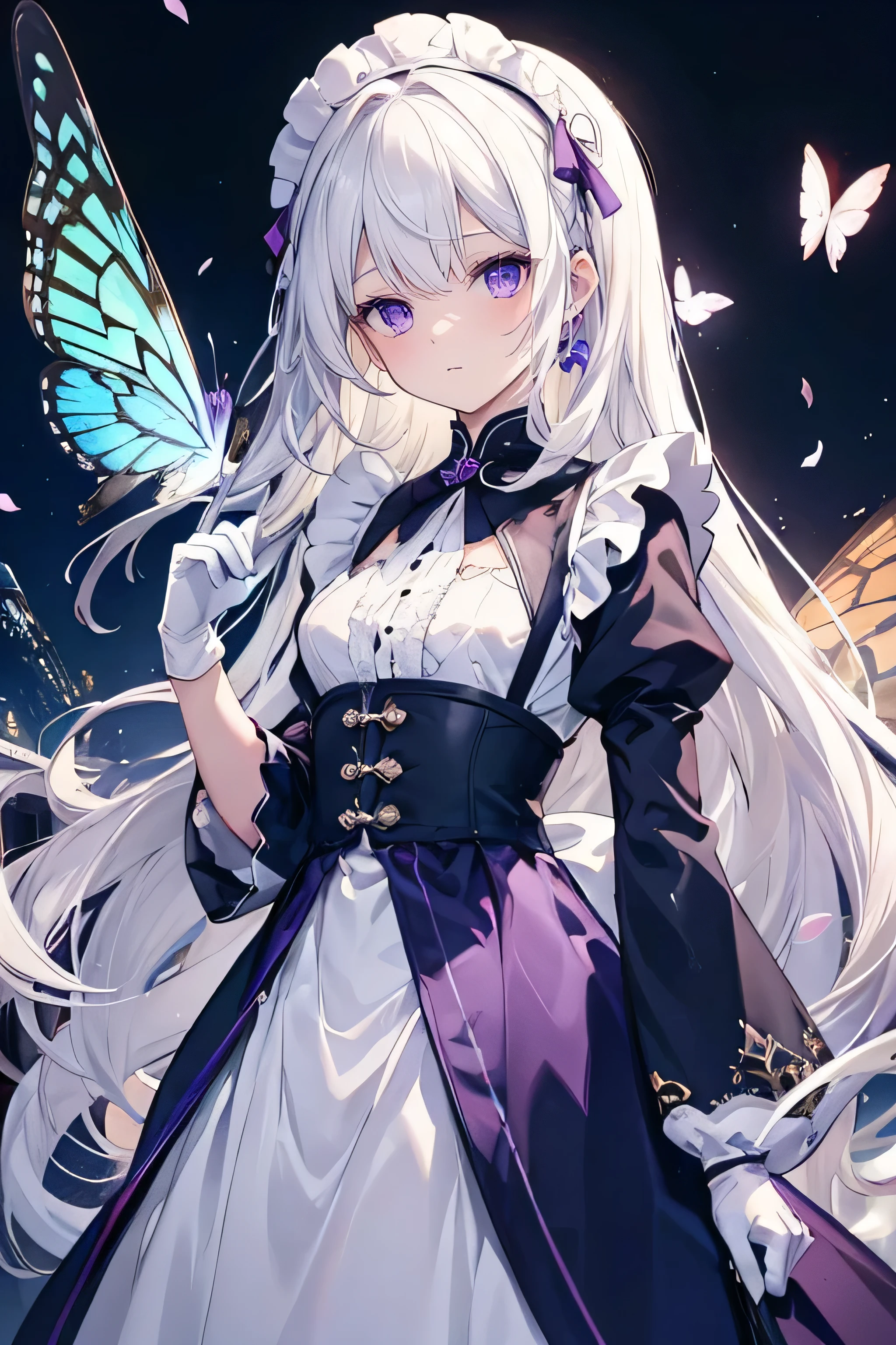 white-haired god，greenhorn，Female right hand purple eye，Little white male little hands，Wearing white maid gloves