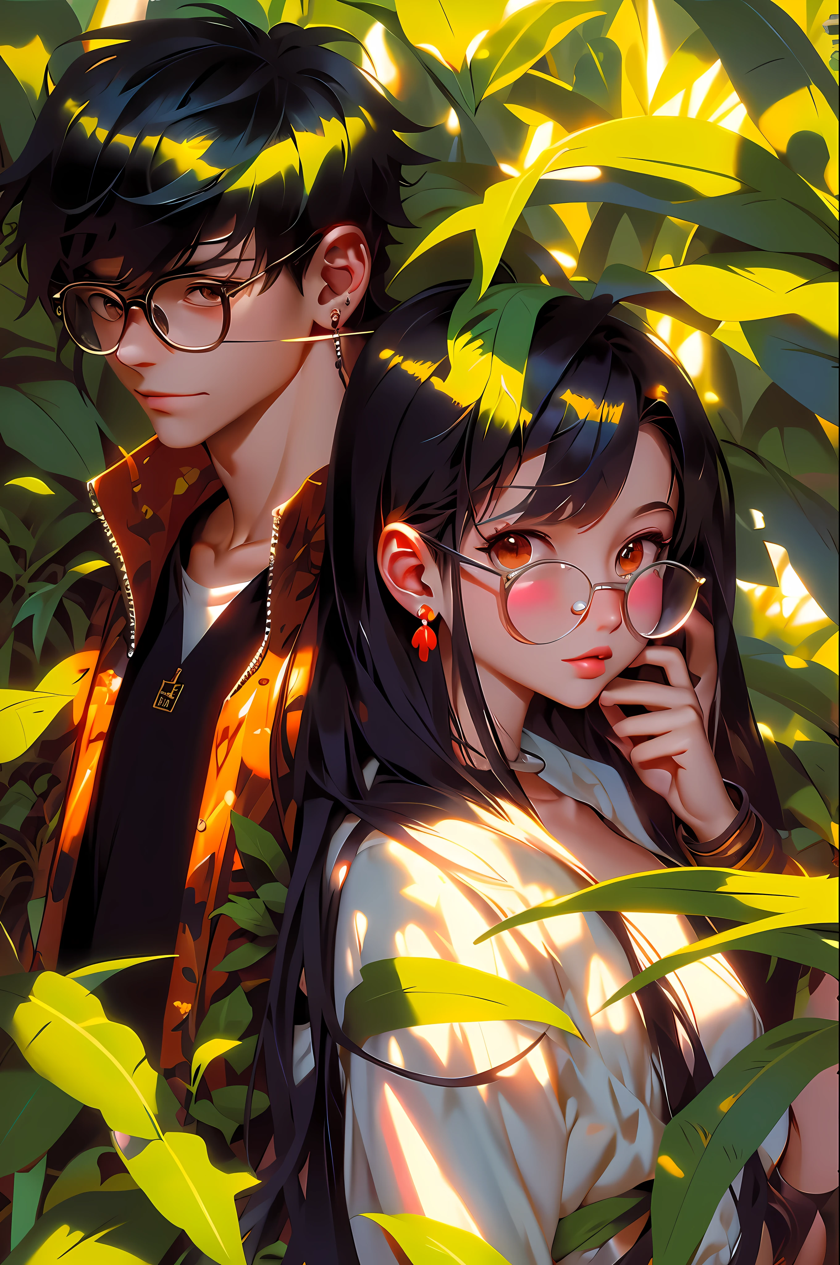 anime couple in a jungle with leaves and plants, anime style illustration, digital anime illustration, in anime style, artwork in the style of guweiz, modern anime style, lofi artstyle, anime style only, lofi portrait, manhwa, anime art style, anime style portrait, anime lush john 8k woods, high quality anime artstyle, manga cover style