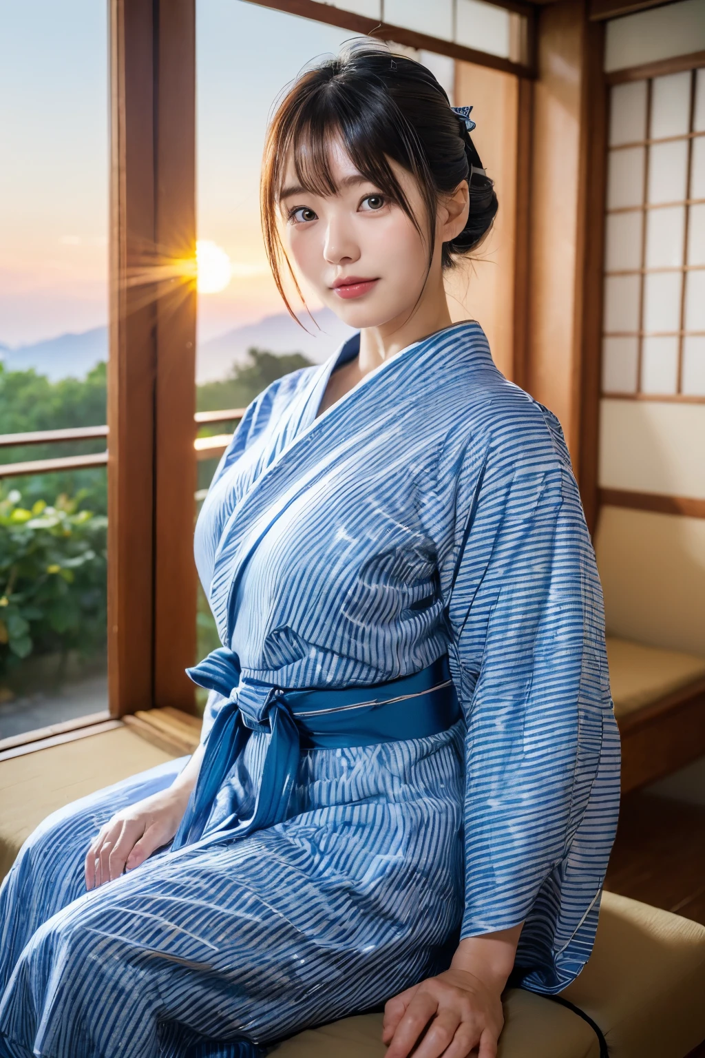 Top image quality。inside room。inside a house。Generate an image with stylish composition of a young woman standing embarrassedly in a Japanese-style room landscape。She was wearing a yukata with a white Japan pattern..、The whole body is depicted in a photograph。a large breast。She turns to the front and stares at the camera。Her hair is wet。While making you feel a sense of unity with the surrounding Japanese atmosphere、Her bewitching fills the screen。It is an image that expresses the gentleness and gentleness of a woman full of youth.。It will make the viewer a soothing work。Meet the requirements for the highest image quality。